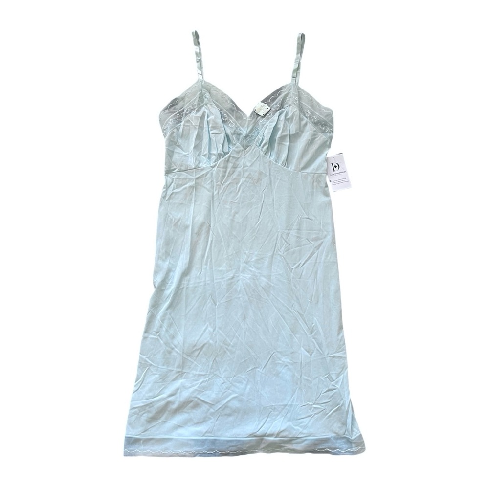 Vintage Deadstock Baby Blue Slip Mini Dress with Floral Embroidered Details